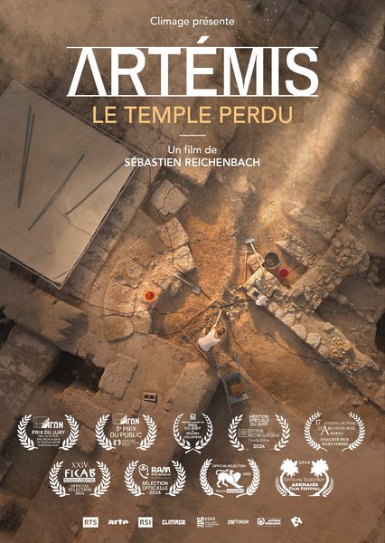 Documentaire archéologique. Affiche du film Artémis, le temple perdu, les lauriers récoltés dans des festivals internationaux. Fouille du sanctuaire d'Artémis à Amarynthos, île d'Eubée. Noxediem, creative & production studio, Sébastien Reichenbach